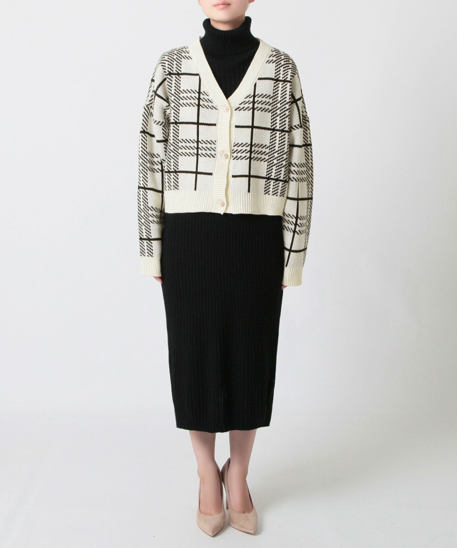 2点セット・チェック柄カーディガン×タートルネックニットワンピース