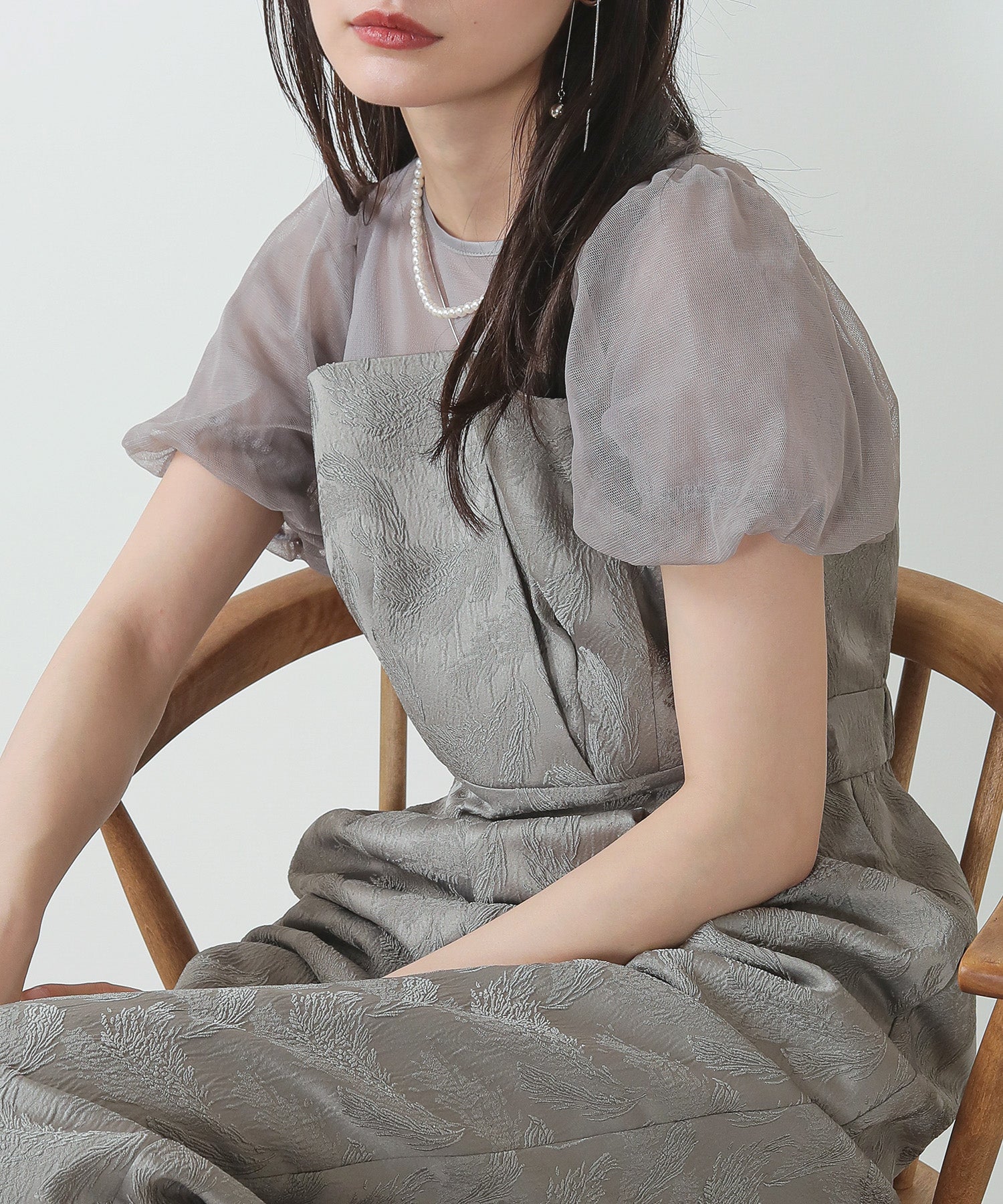 チュール パフスリーブ オールインワン ワイドパンツ ドレス