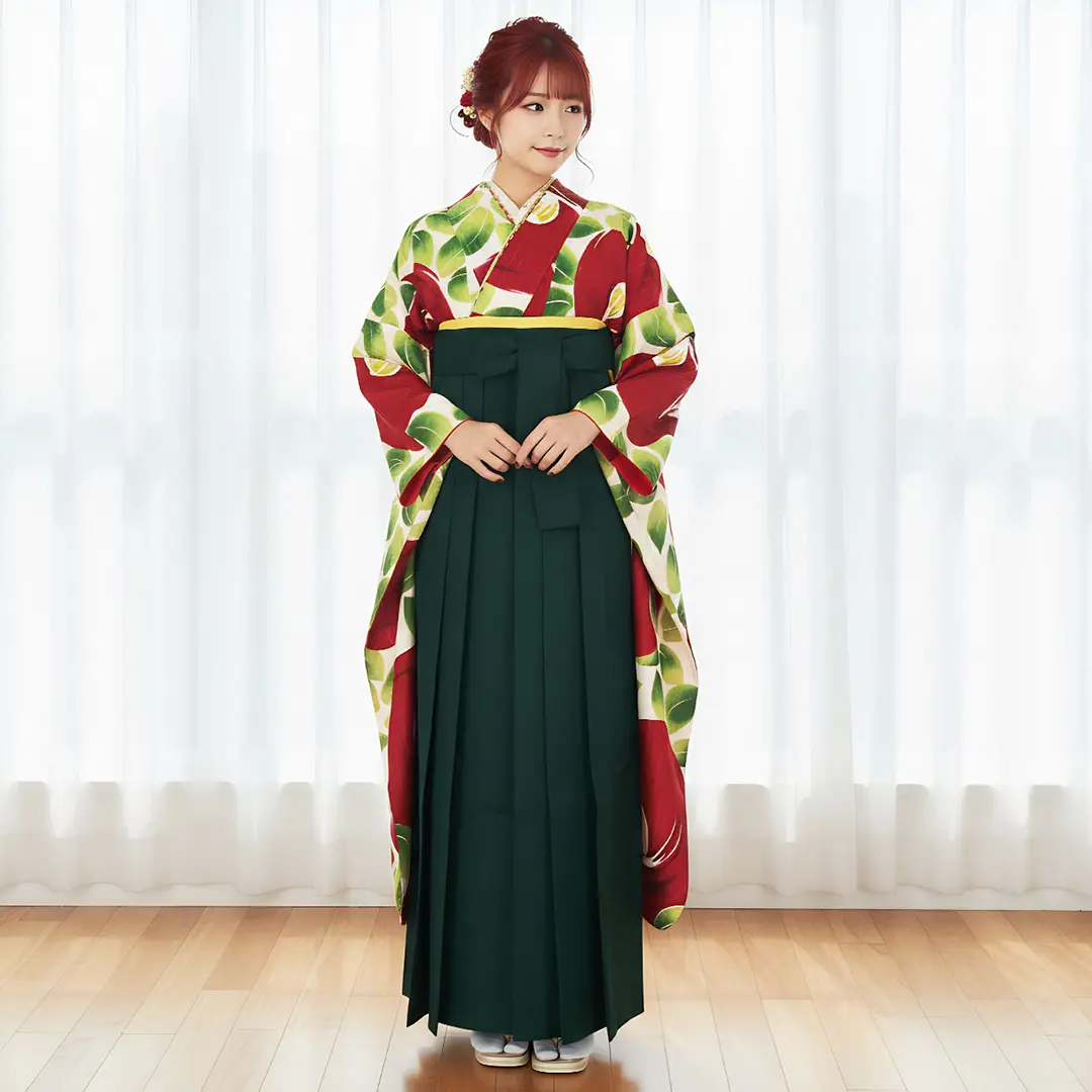 大正ロマンな大輪椿の振袖・緑袴（無地） （振袖）／卒業式 | 宅配着物