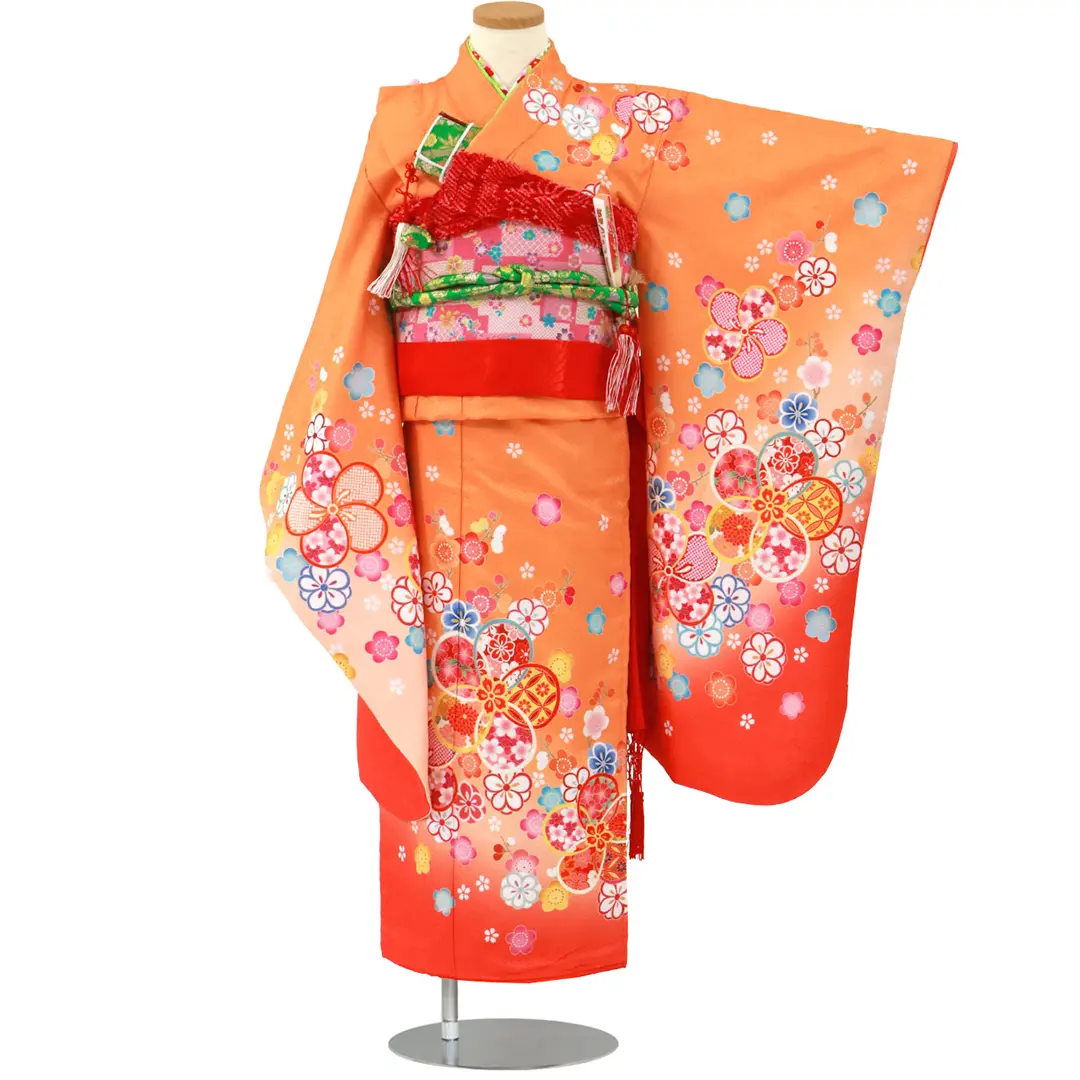 オレンジと朱色地に梅の着物／七五三・七歳女の子 | 宅配着物レンタル