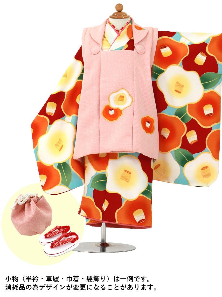 水色地に赤やオレンジの椿、ピンクの被布コートセット／七五三・三歳