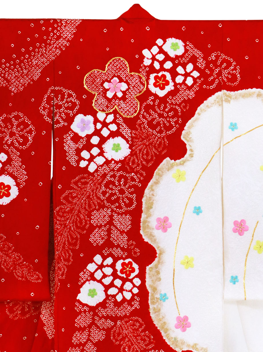 お宮参り産着レンタル／赤地に絞りの花文様と雪輪の祝い着／女児 | お