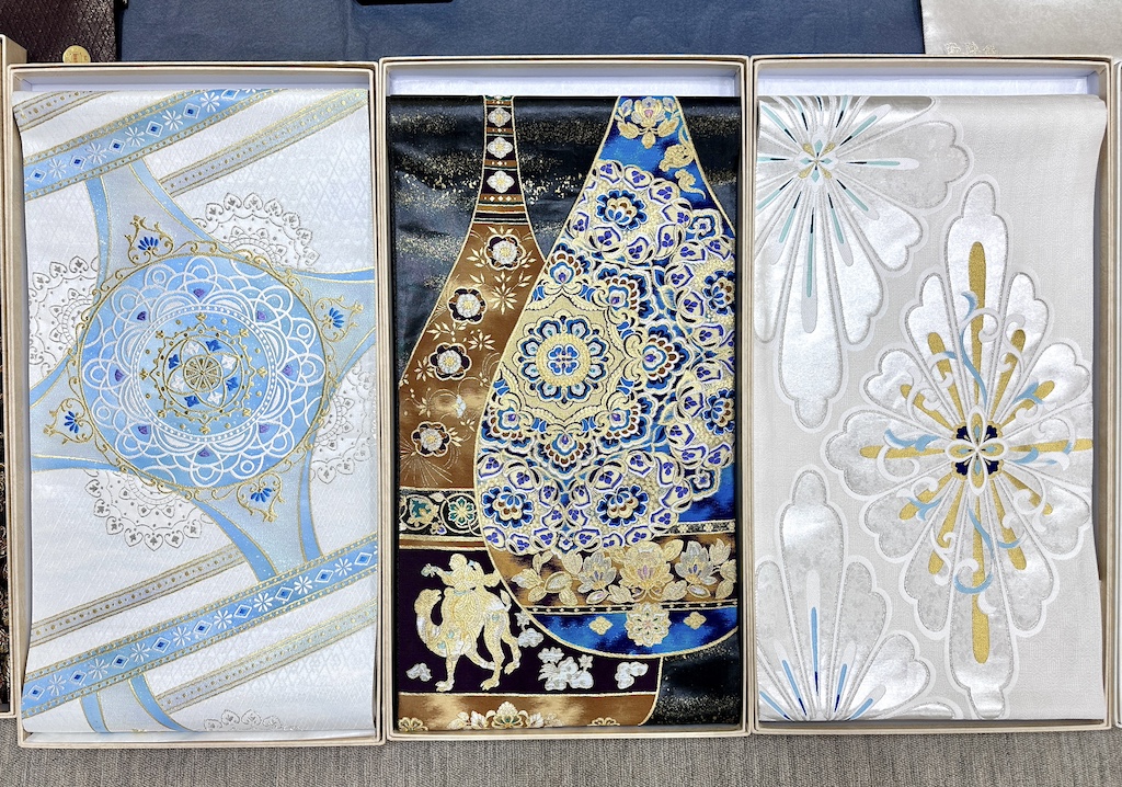 鶴模様の絹製丸帯0122 鶴 扇文 丸帯