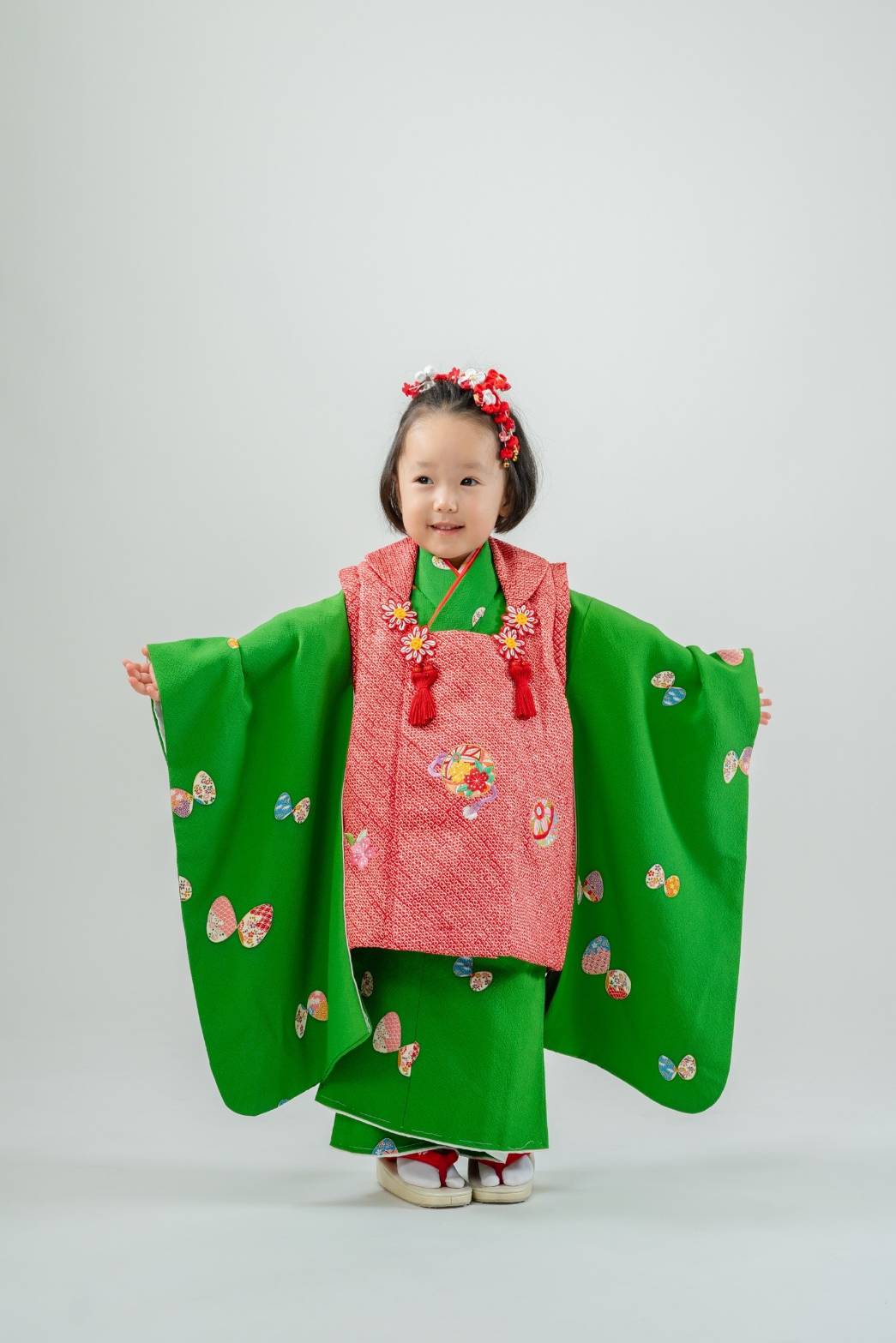 七五三の正絹着物レンタル】 三才の女の子用被布セット 着物：緑に