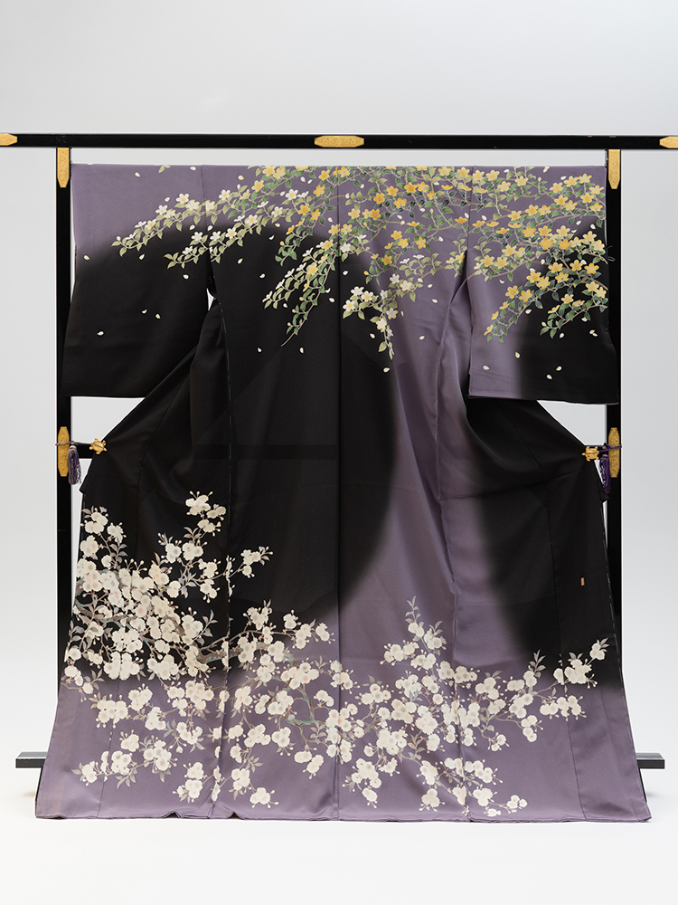 高級訪問着オーダーレンタル】h-118 桜 友禅 桜柄 黒系 品番：h-118