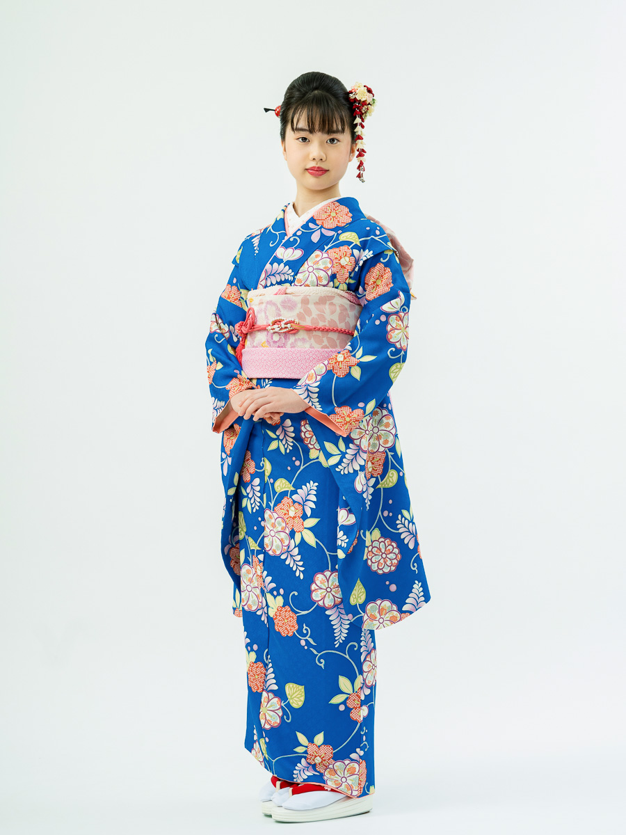 十三参り女の子の高級着物レンタル】青色の十三参りきもの・正絹