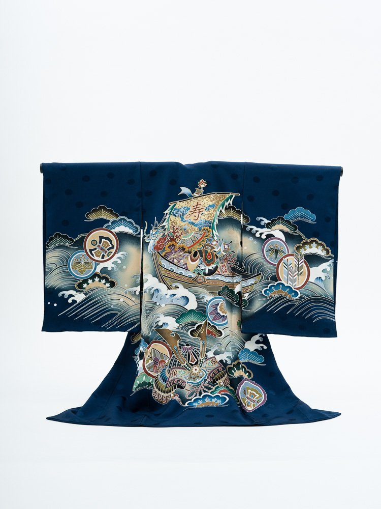 高級お宮参りレンタル】MD-1 男の子用産着 青 宝船 サイズ 宝船