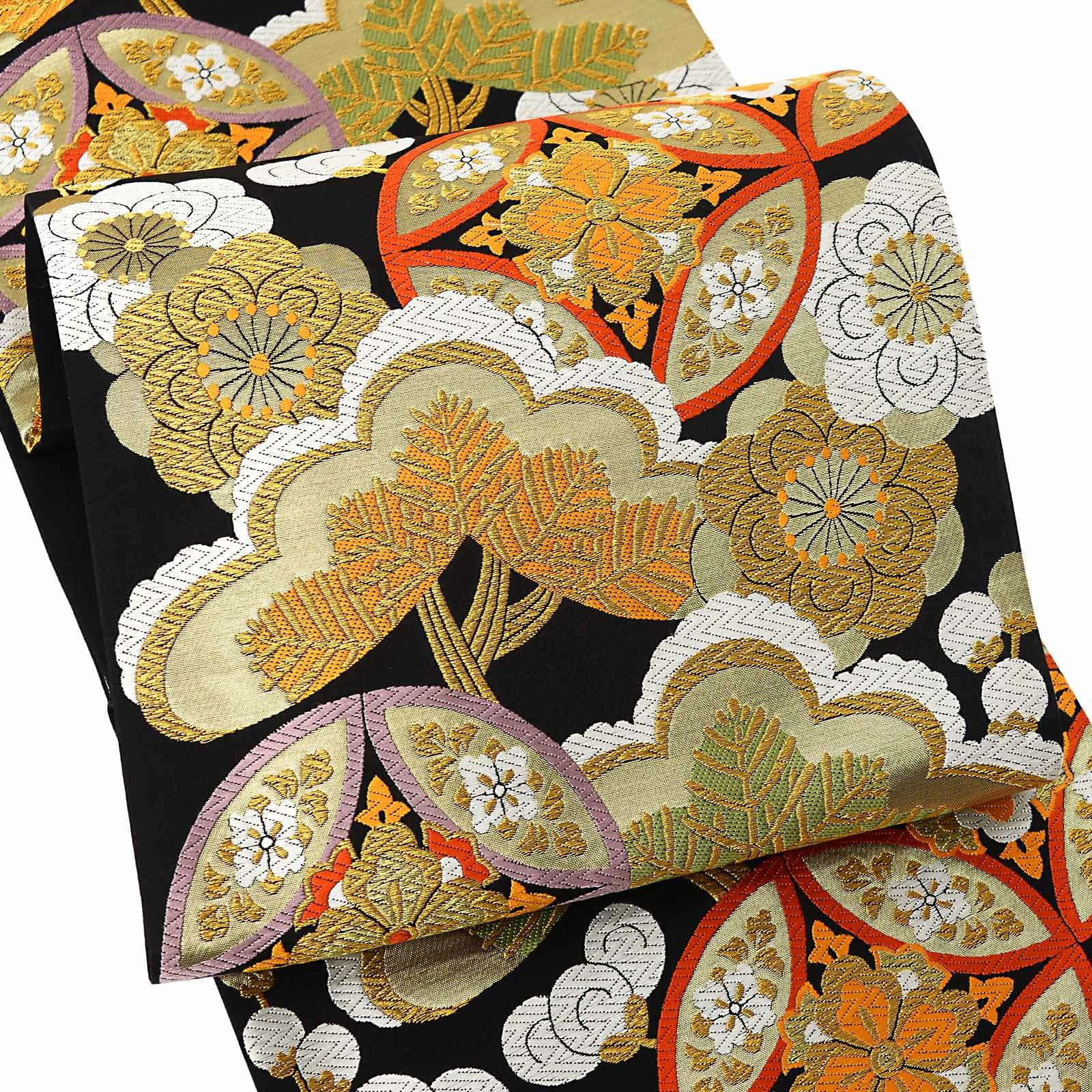 振袖 袋帯 単品「黒地 七宝に梅松」日本製 西陣織 西陣織証紙番号 No