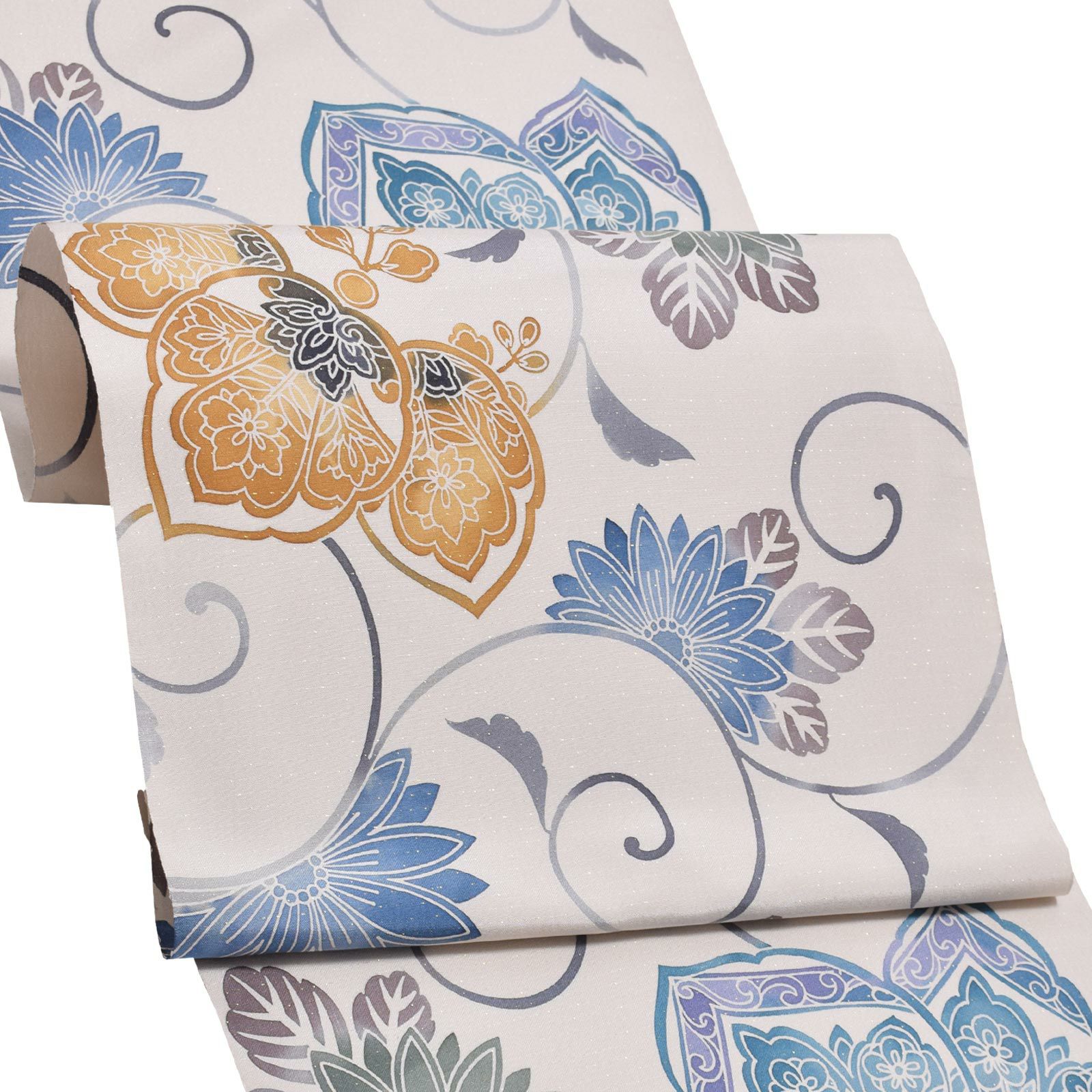 Prices down2】大島染め名古屋帯 「白鼠地 山吹茶に桐と菊」 本場