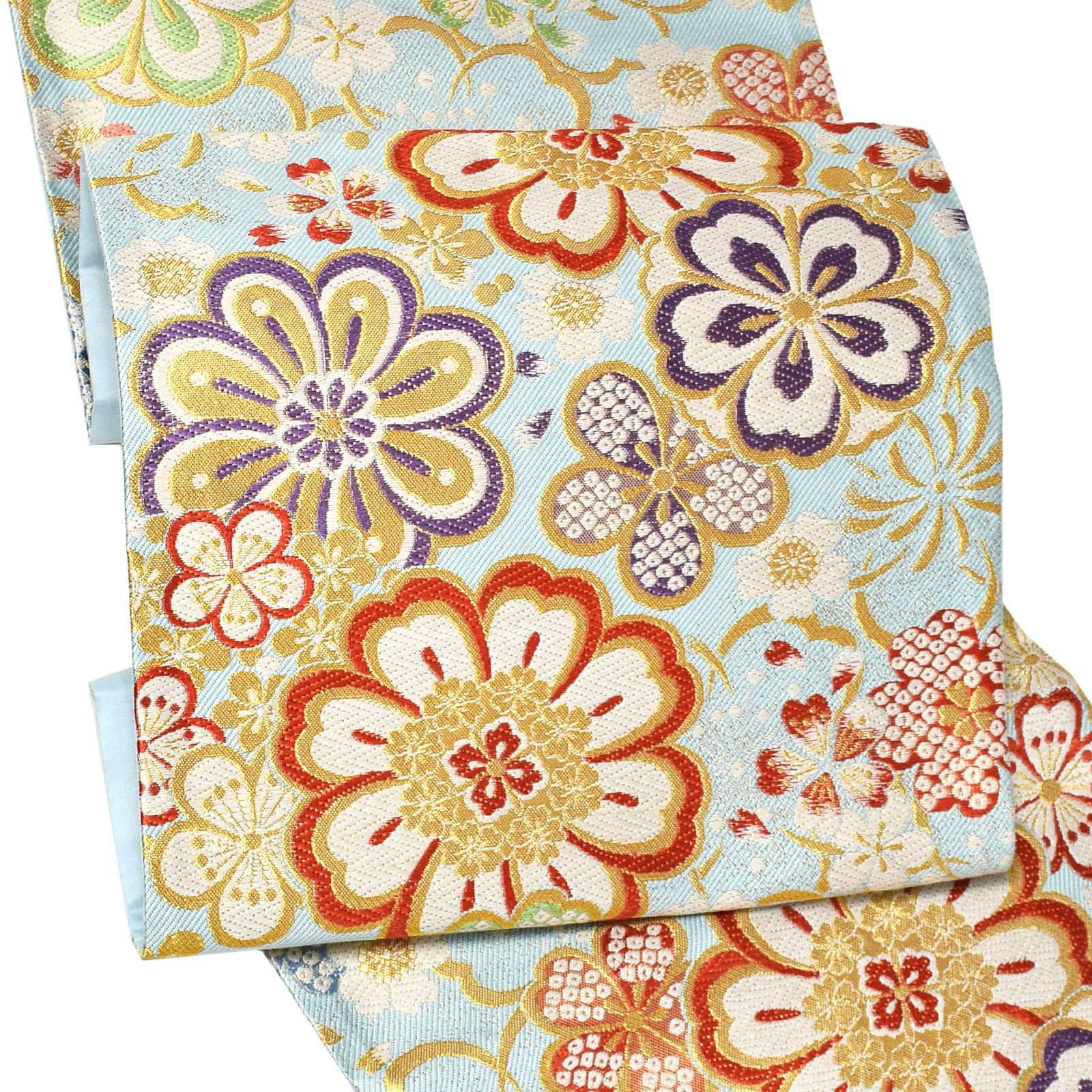 振袖 帯「水色 花紋」日本製 西陣織 西陣織証紙番号 No.2362 大光株式