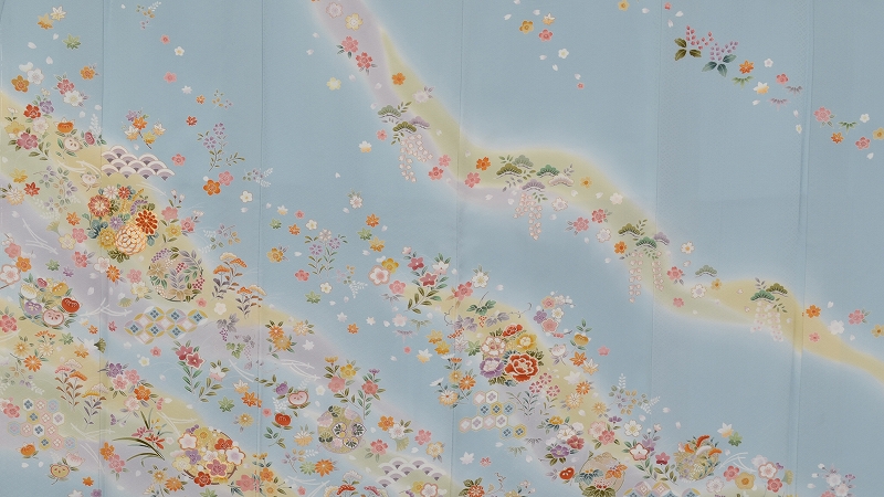 訪問着(新橋色に四季草花)｜着物レンタルあき (来店着付け無料・全国