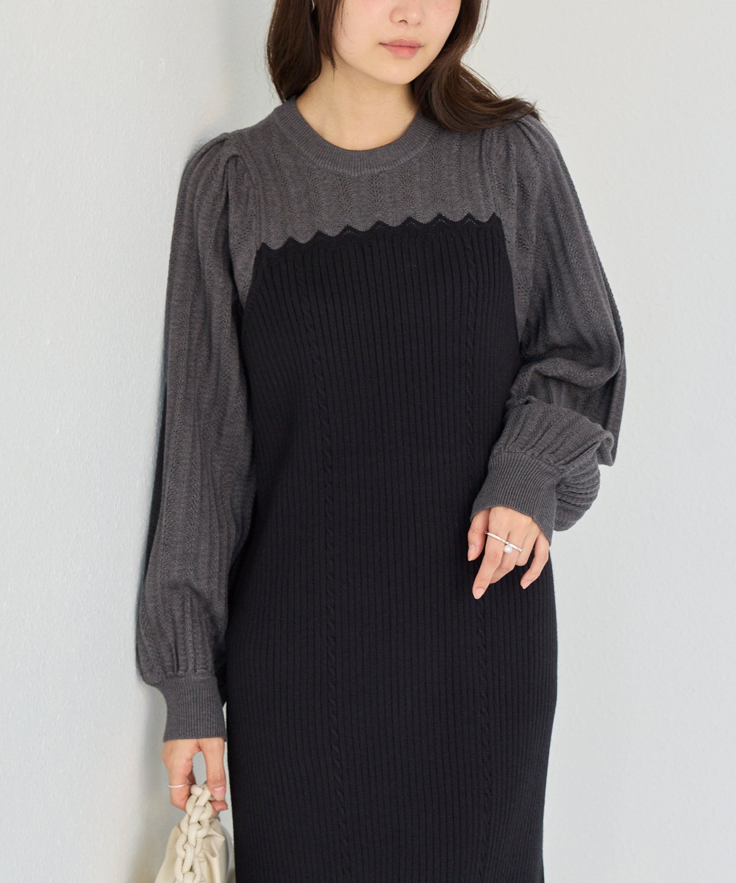 洗える】透かし編み切替ニットワンピース | ラビアンジェ-⼤きいサイズ