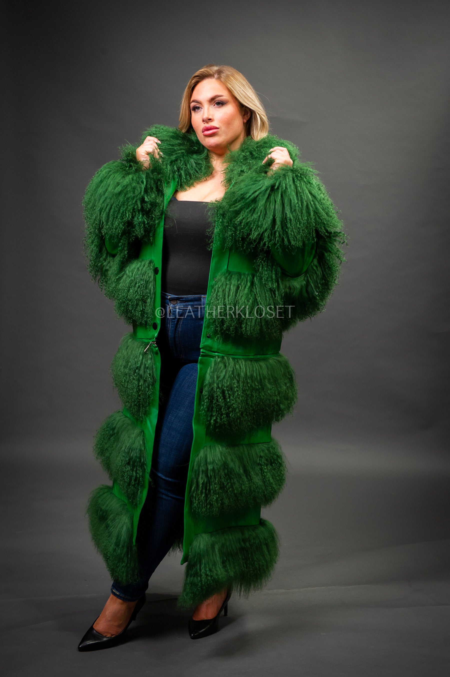 Women's Suede And Mongolian Lamb Fur Convertible Coat [Green