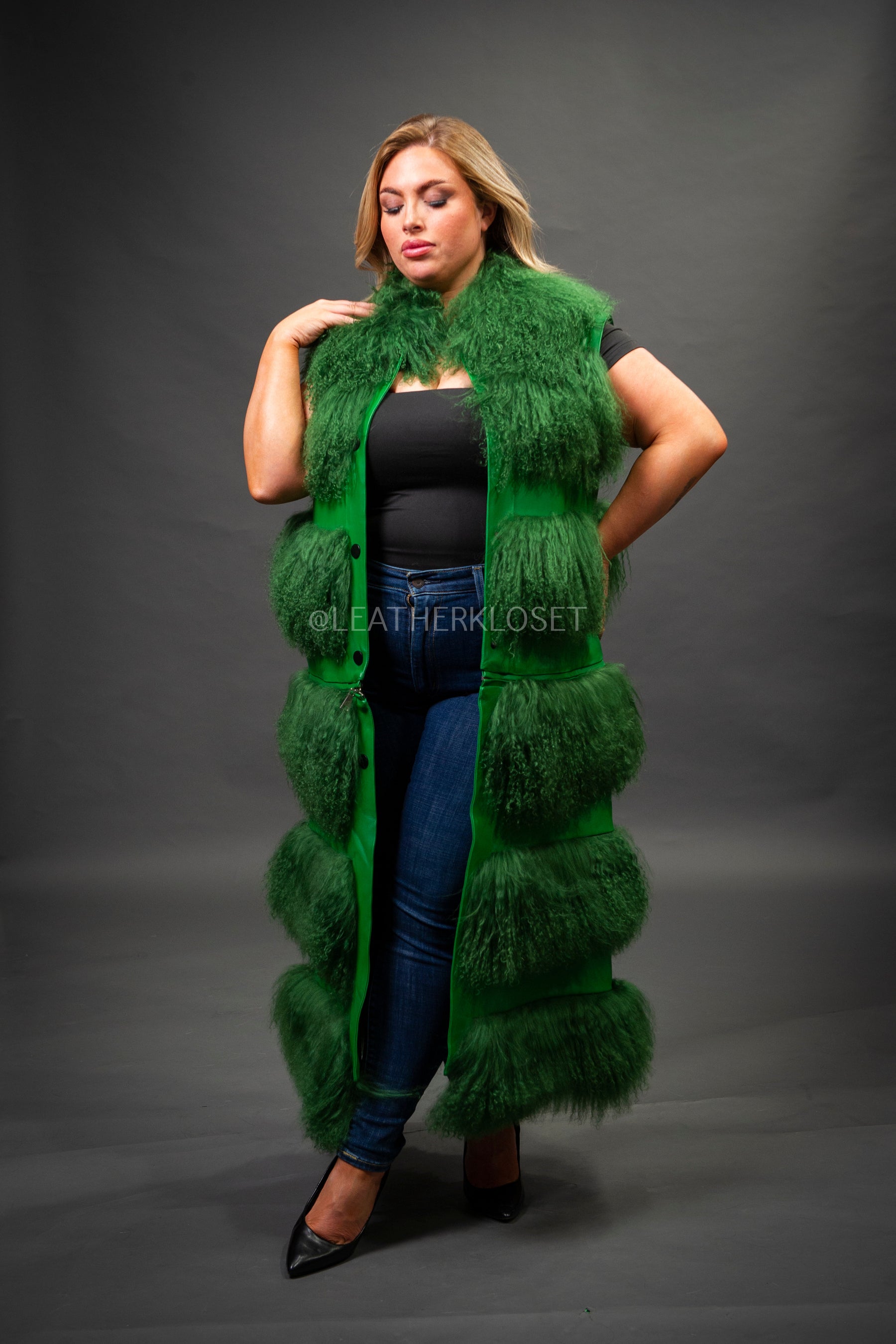 Women's Suede And Mongolian Lamb Fur Convertible Coat [Green