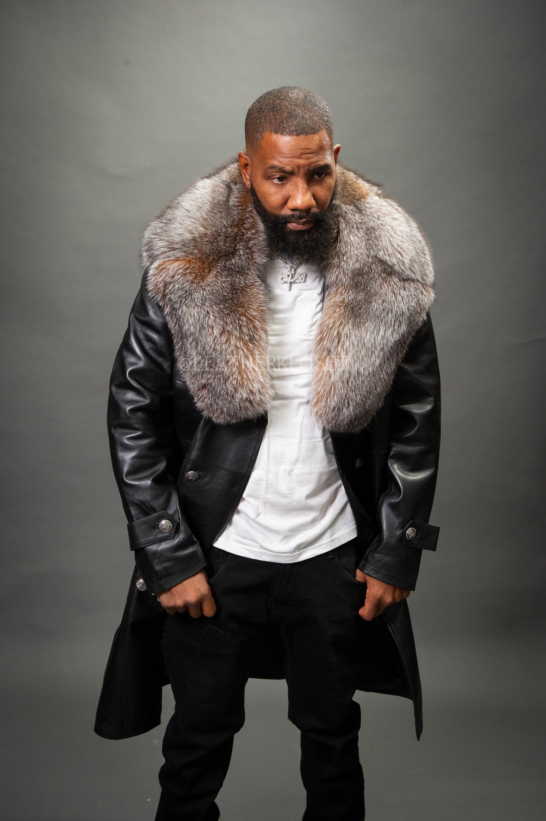 Men's Leather Trench Coat With Fox Fur Collar [Black/Crystal Fox