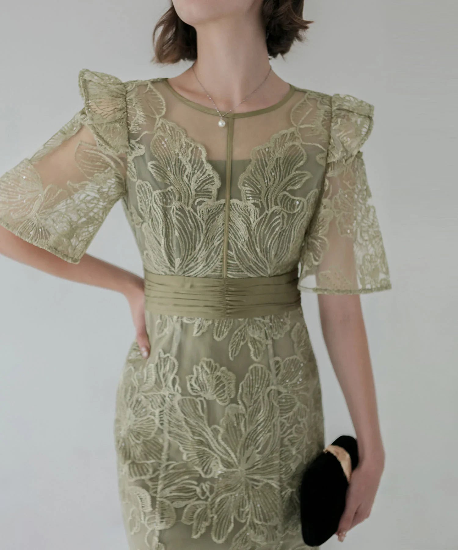 一部当日発送】フラワーレースシアーフリルマーメイドワンピース結婚式