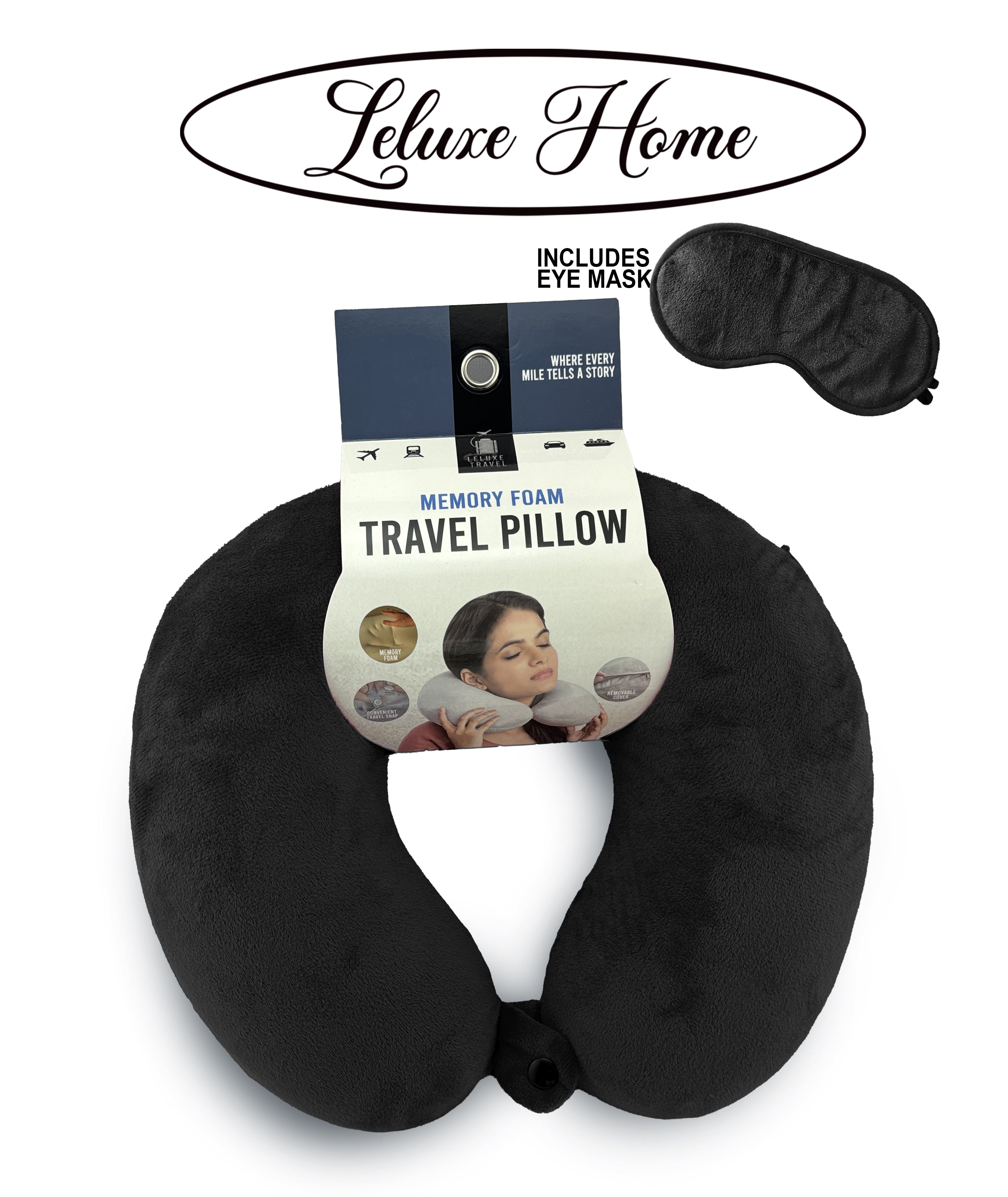 Leluxe Home Travel Neck Pillow and Eye Mask set - Memory Foam Travel P