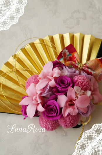 ピンポンマムとデンファレのピンク×パープル和装用扇子ブーケ