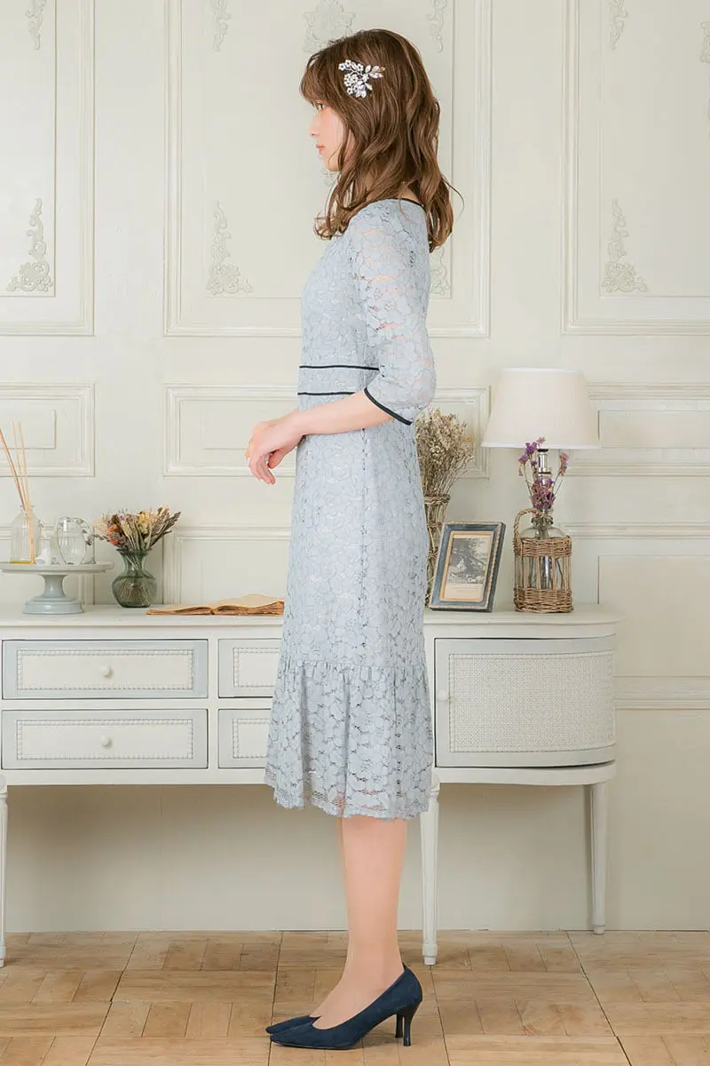 サックスブルーの配色パイピングレースドレス | GIRL | M | 結婚式