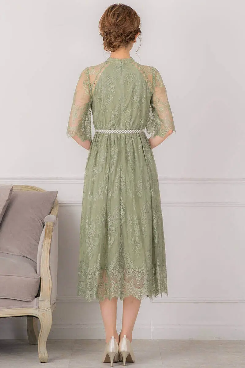 ライトカーキのハイネック5分袖総レースドレス | Dorrydoll | M | 結婚