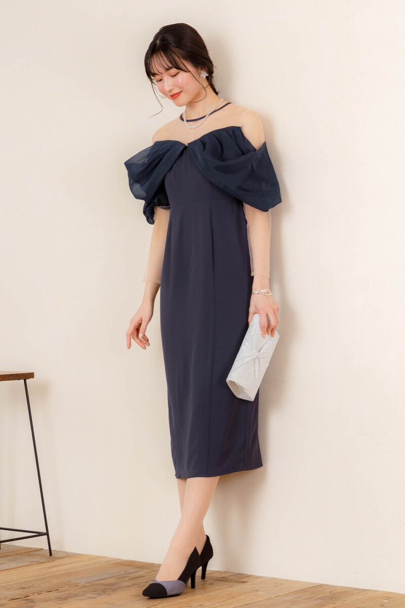 アッシュネイビーのオフショルダータイトドレス | select shop | M