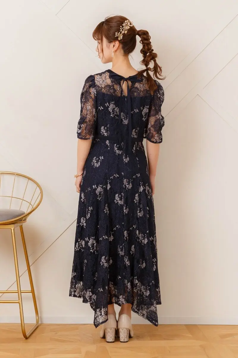 ネイビーのリーフ柄レースドレス | Dorry doll | M | 結婚式パーティー