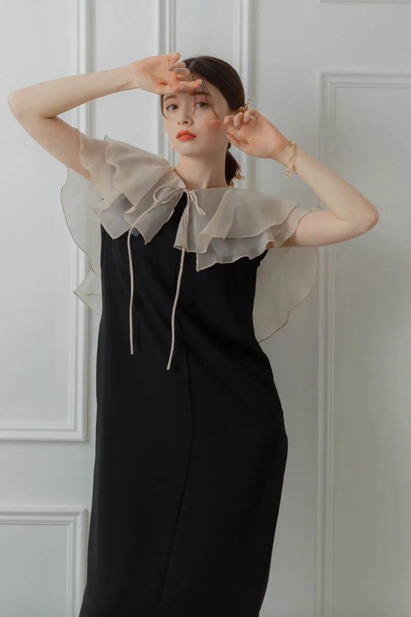 ベージュブラックのグロッシーラッフル付きドレス | ANDRESD | M