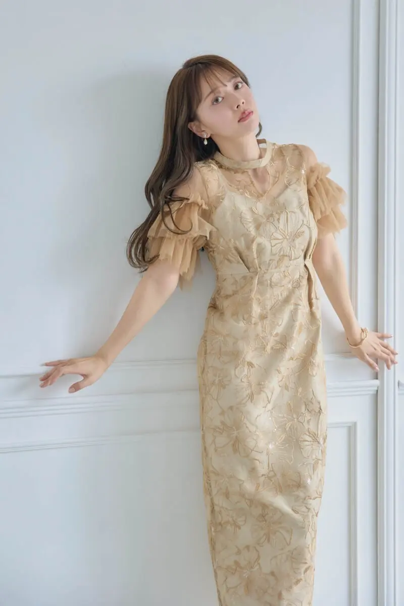 イエローのスパンコール刺繍レースドレス | ANDRESD | M | 結婚式