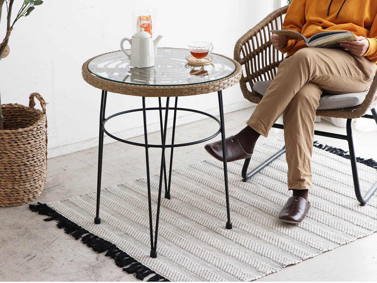 リゾネア カフェテーブル 高さ66.5cm ラタン調 ガラス天板 （ テーブル