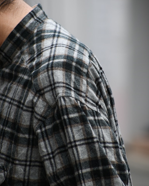 The crooked Tailor French stand collar work shirts [green/gray]