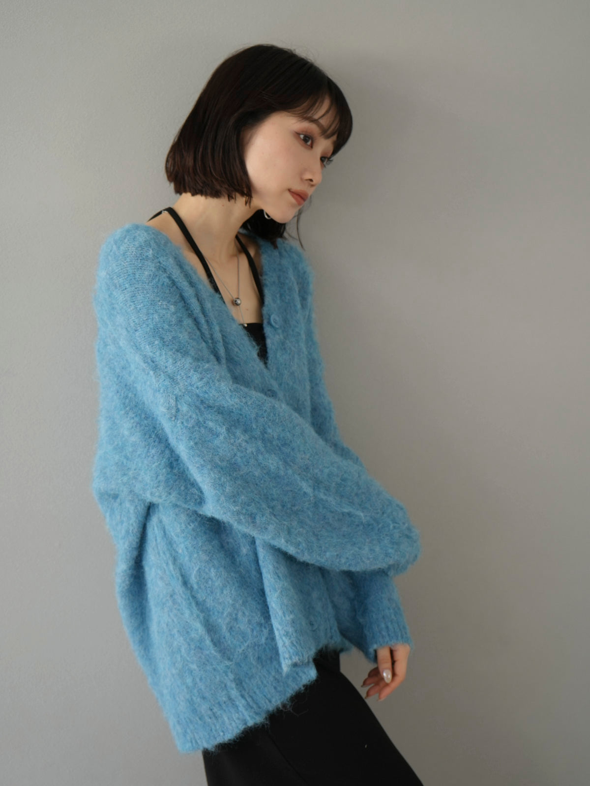 予約]ウール混モヘアタッチシャギーニットカーディガン/ブルー – Lumier