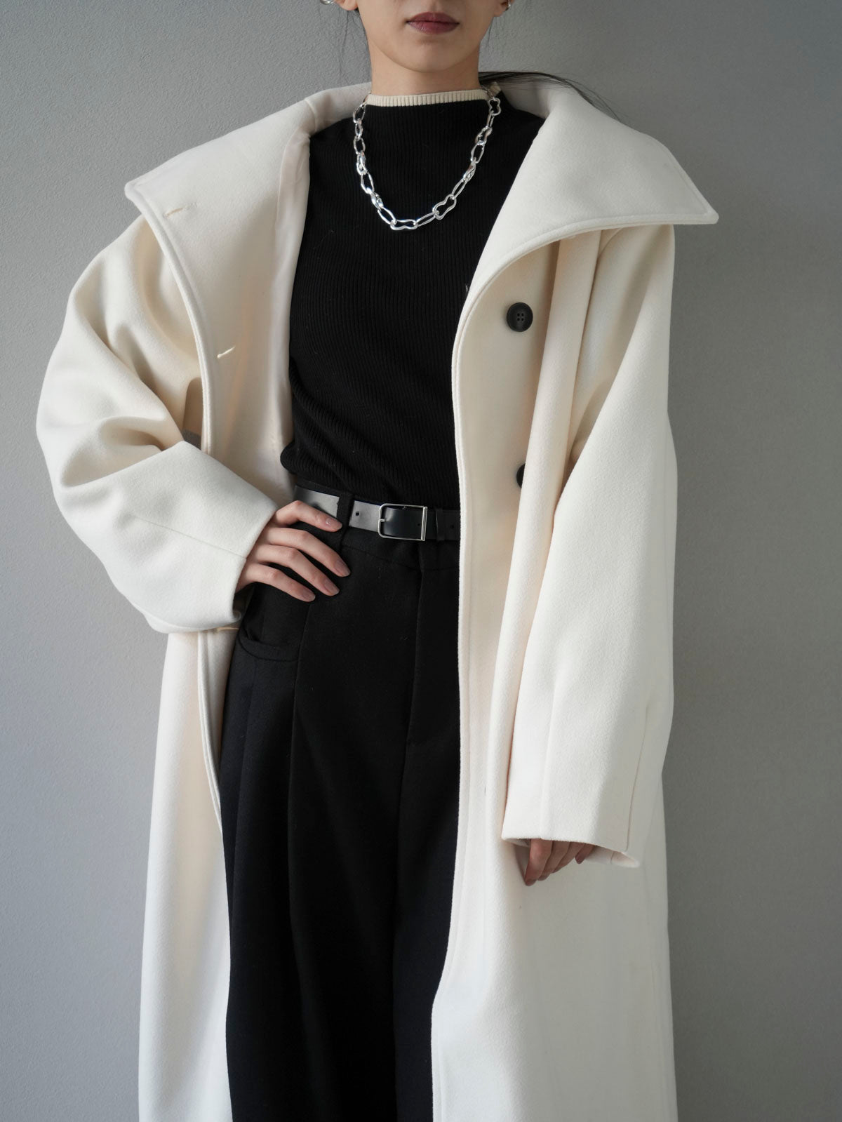 予約]ウールタッチビッグスタンドロングコート/アイボリー – Lumier