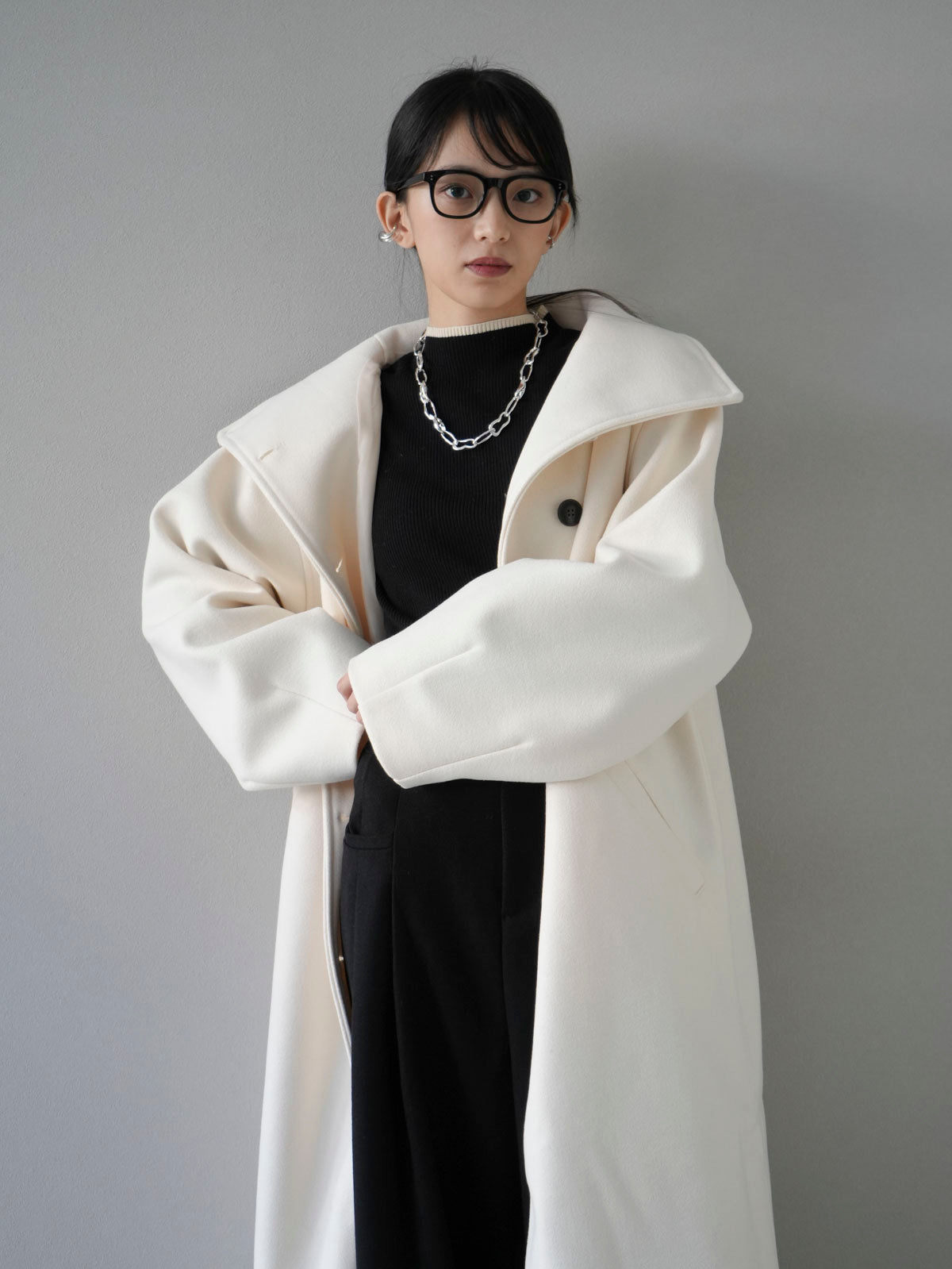 予約]ウールタッチビッグスタンドロングコート/アイボリー – Lumier