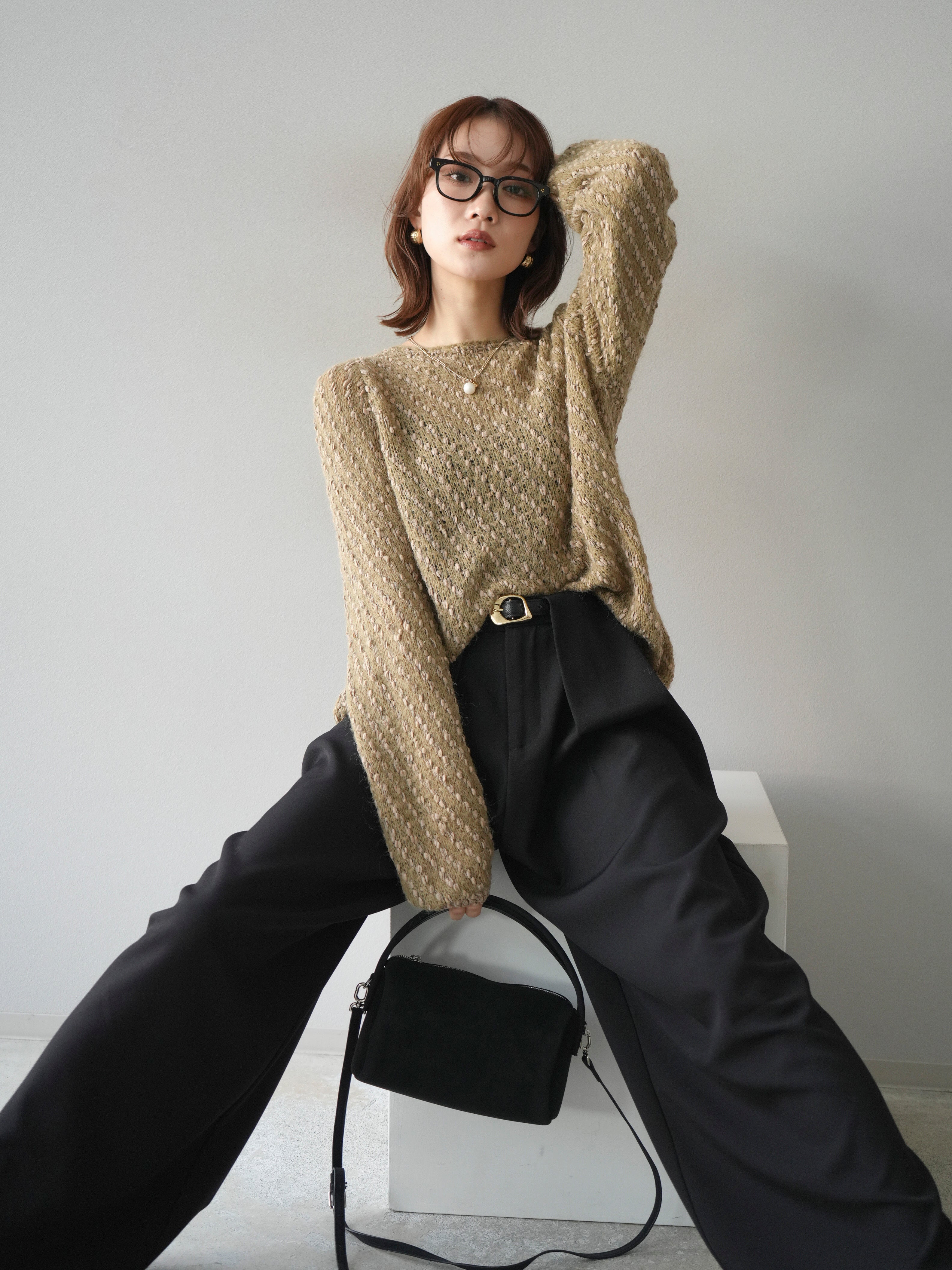 SET]異素材ミックスヤーンニットプルオーバー+ベルトループデザイン