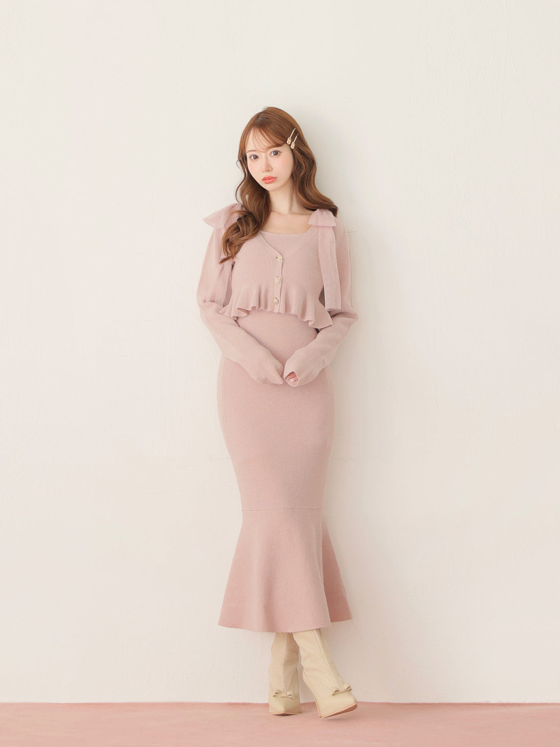 Ribbon peplum ensemble knit onepiece(eme10793) – M me eme