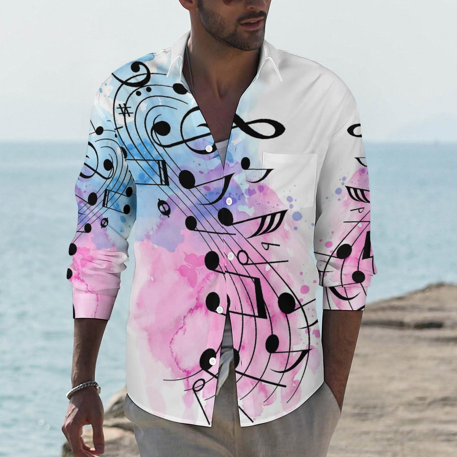 Amazon.co.jp: ピアノ柄 音楽柄 音符柄 メンズ 長袖 シャツ ワイシャツ