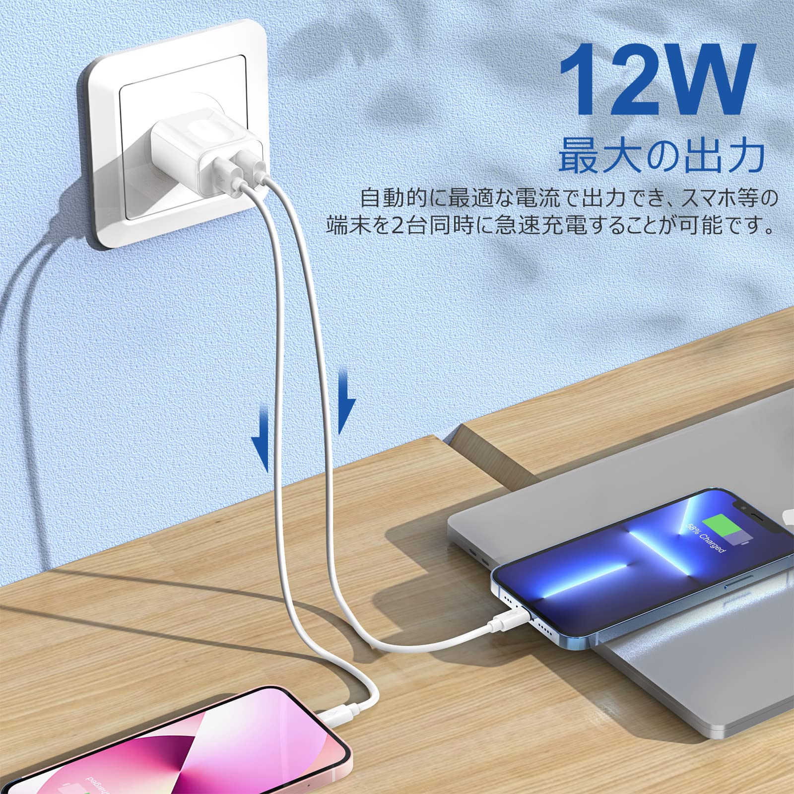 Amazon.co.jp: iphone 充電器 12w 充電ケーブル1m usb コンセント