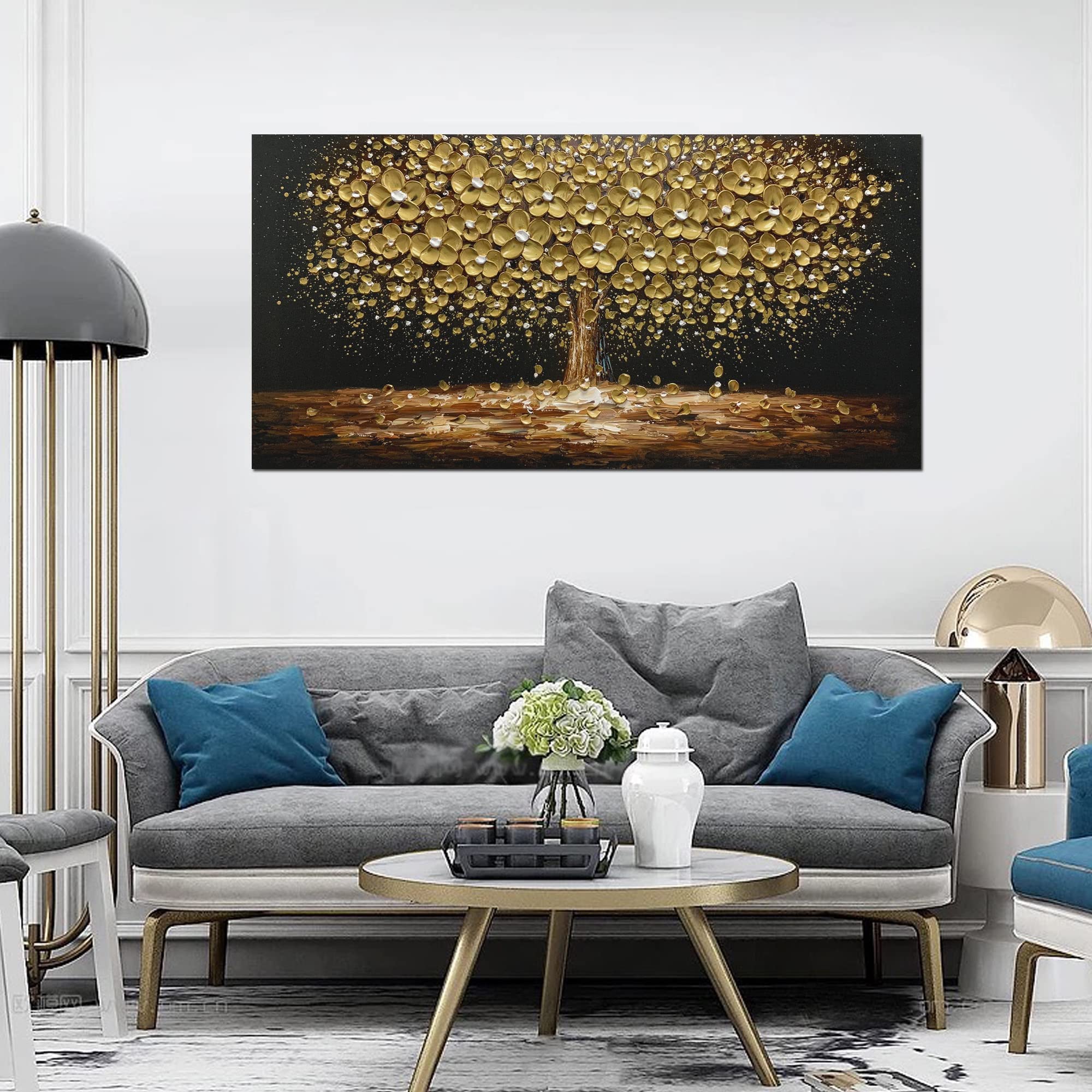 Amazon.co.jp: 完全手描き油絵 大きな抽象画 黄金の木 キャンバスの