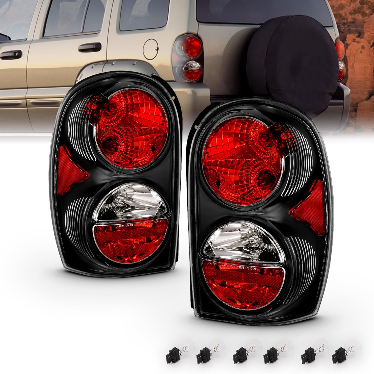 AmeriLite Black Replacement Brake Tail Lights Set For 02-07 Jeep