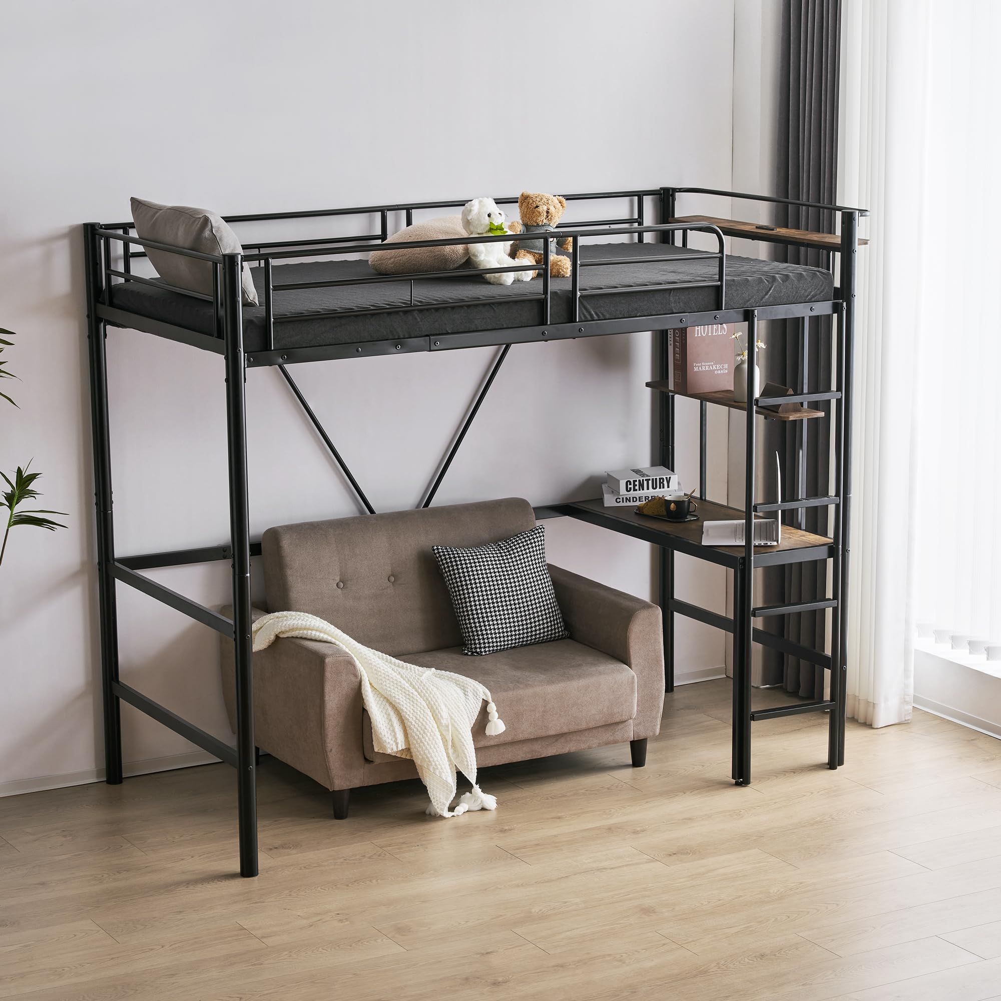 Amazon｜ロフトベッド パイプベッド シングル 木 デスク付き