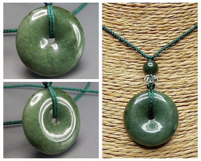 濃い緑ひすい本翡翠ジェダイト天然石丸平安扣ペンダントネックレス平安