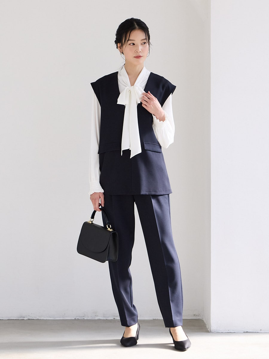 WEB限定】ジレ・リボンタイブラウス・テーパードパンツ 3点セット