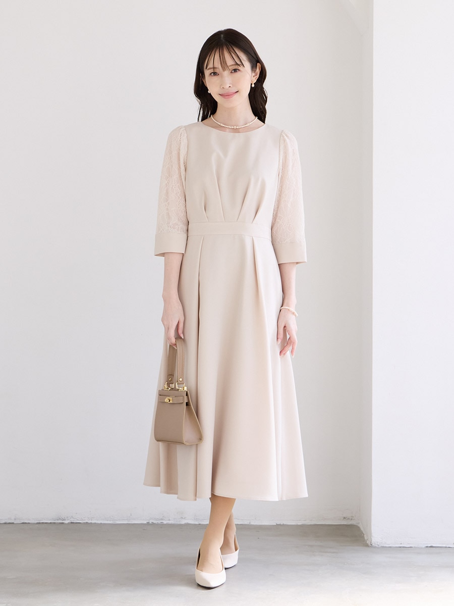 レース袖×ウエストタックフィット＆フレアワンピース(M ベージュ