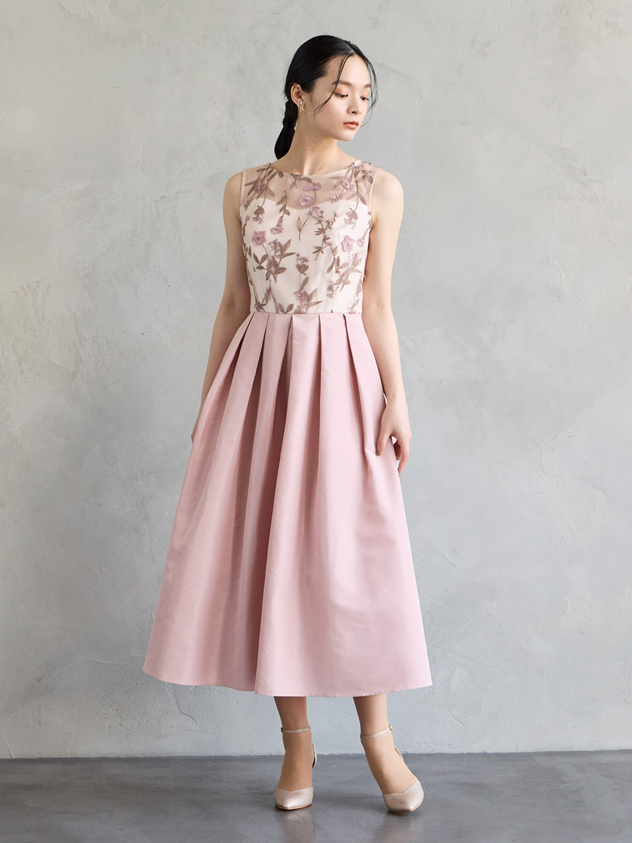 フラワーモチーフ3D刺しゅうフィット＆フレアドレス(M ピンク): AIMER
