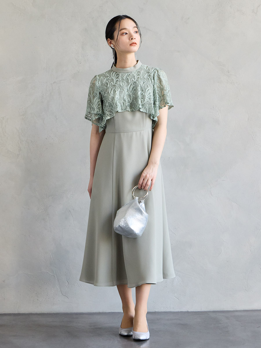 試着キャンペーン対象】レースケープ風スリーブフィット＆フレアドレス