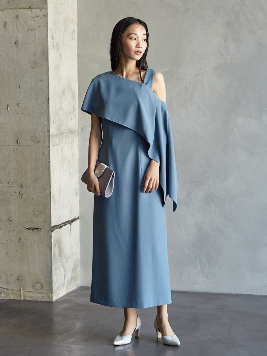アシンメトリーケープ付タイトラインドレス (M ダルブルー): AIMER
