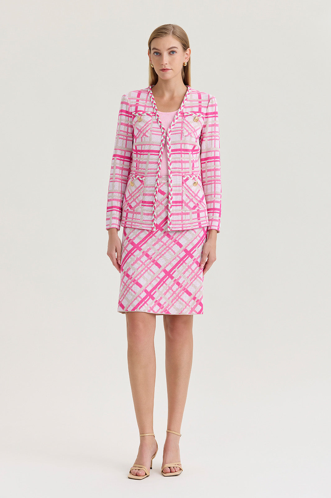 Heritage Braided Trim Plaid Knit Jacket | Ming Wang
