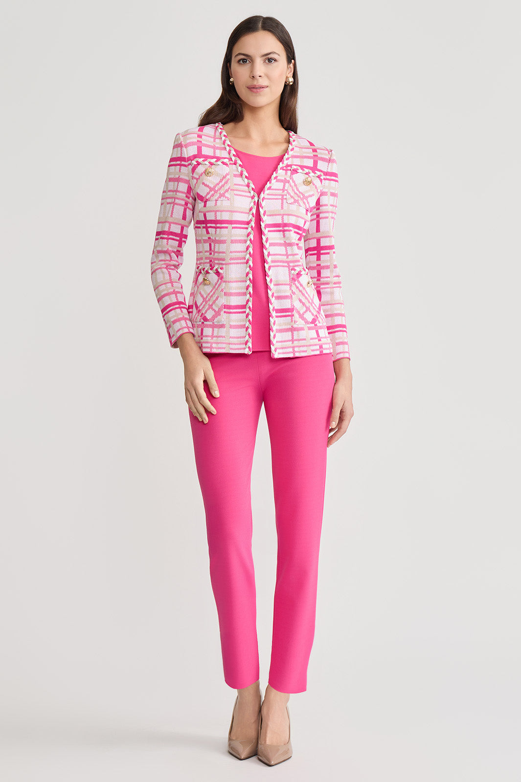 Heritage Braided Trim Plaid Knit Jacket | Ming Wang