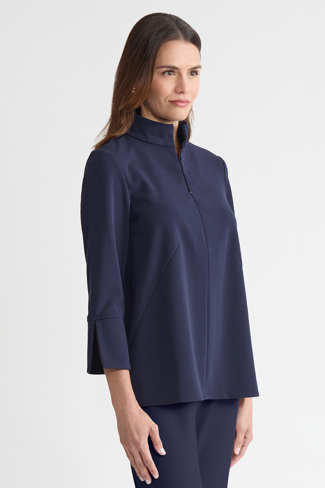 Stretch Deco Crepe Zip Front Pullover Blouse | Ming Wang