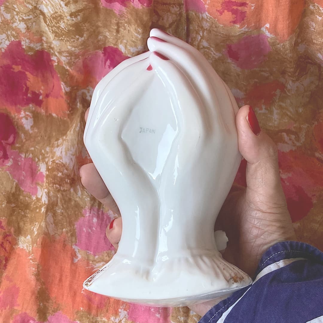 Lefton 白い手にピンクのバラのポーセリンハンドプランター